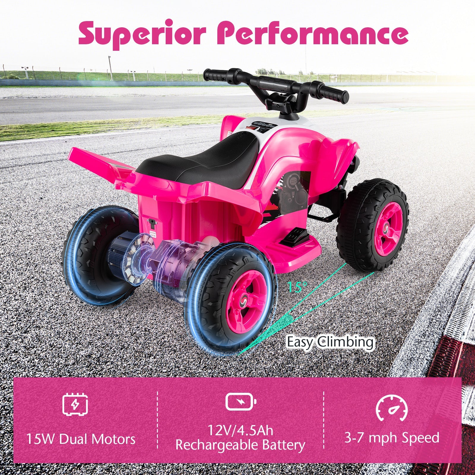12V Kids Ride on Atv 4-Wheeler Quad with LED Lights and 7 Mph Max Speed