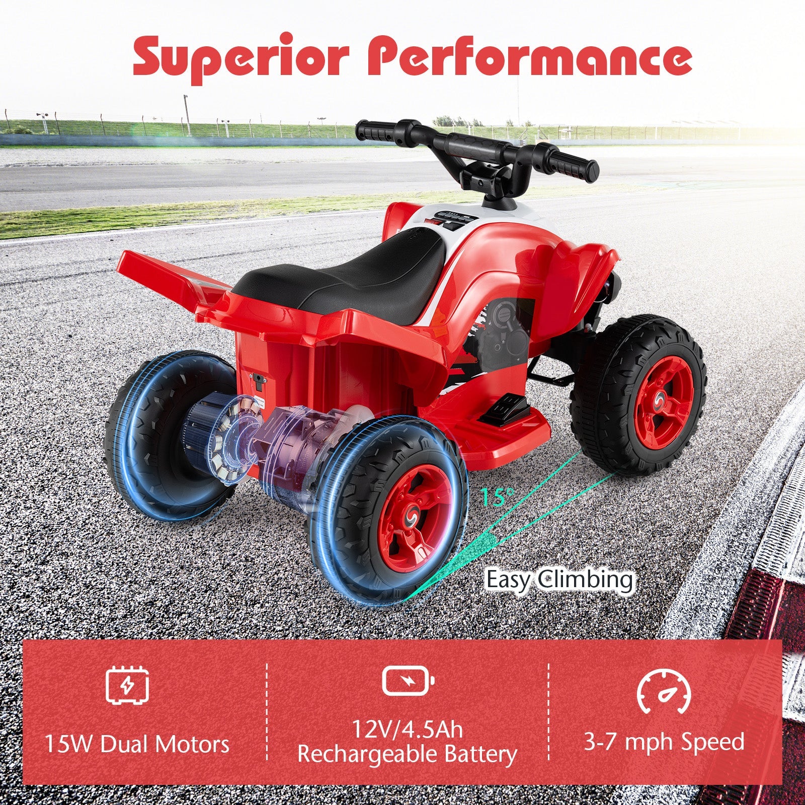 12V Kids Ride on Atv 4-Wheeler Quad with LED Lights and 7 Mph Max Speed