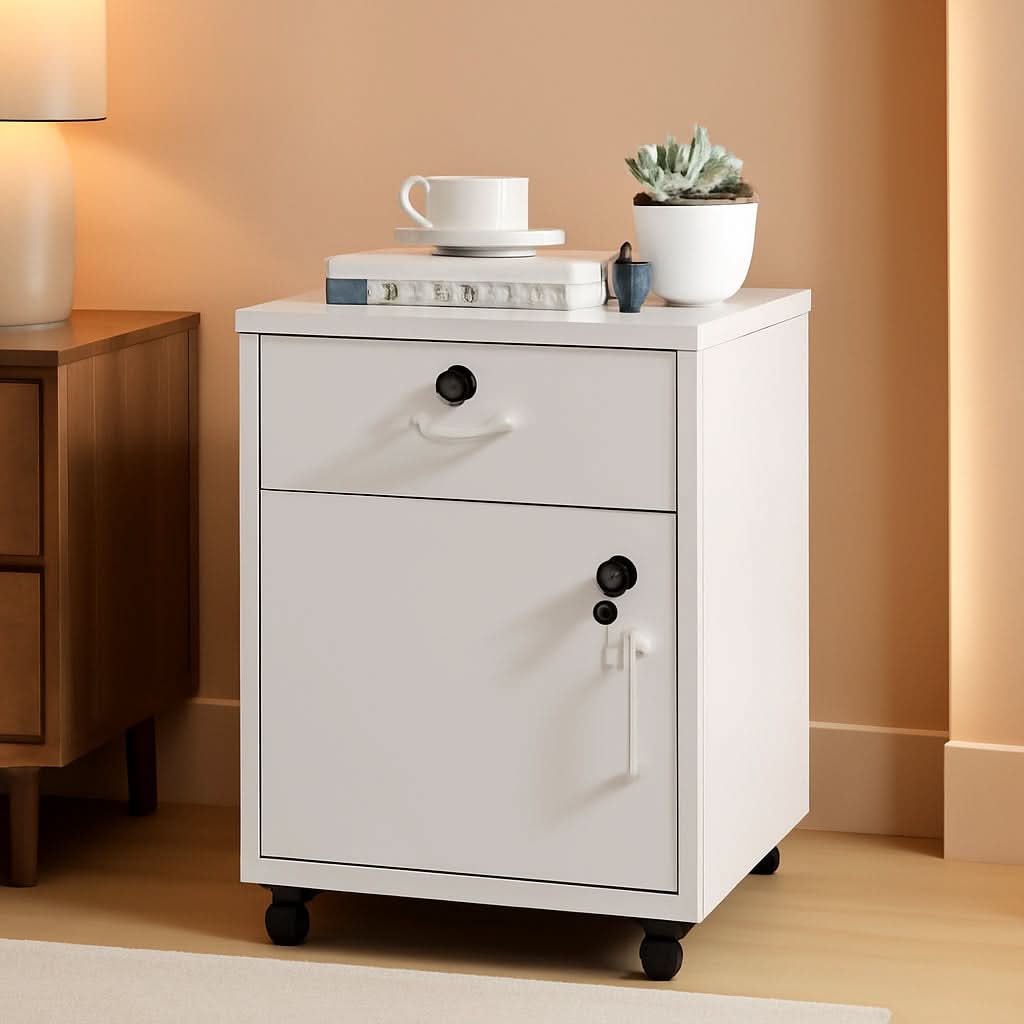 White Mobile File Cabinet With Lockable Drawer And Door - The misfit market