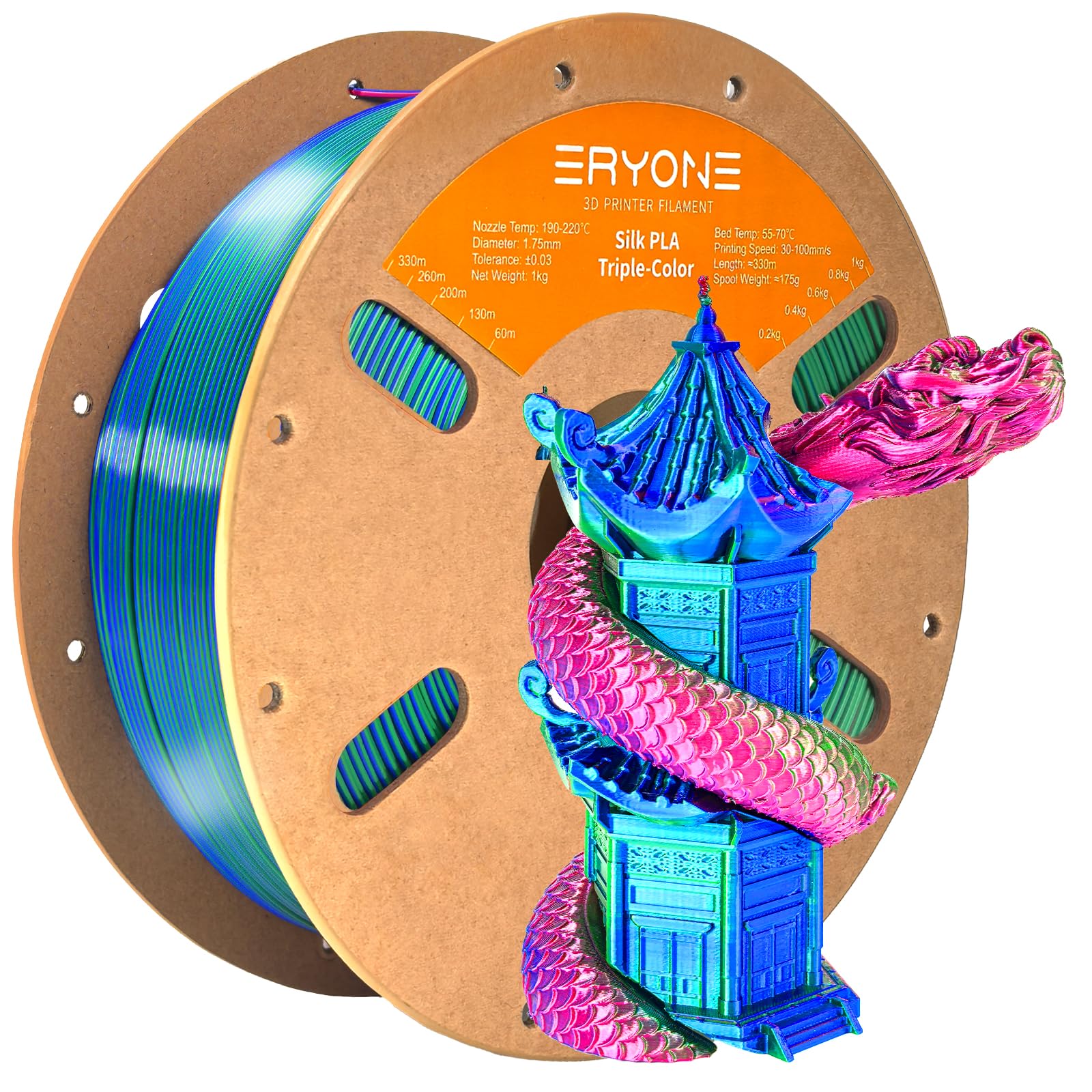 ERYONE Silk Tri Color PLA Filament 3D Printer 1.75mm +/- 0.03mm, Multicolor Filament Tricolor PLA Bundle 2KG Cardboard Spool, Red Blue Green - The misfit market