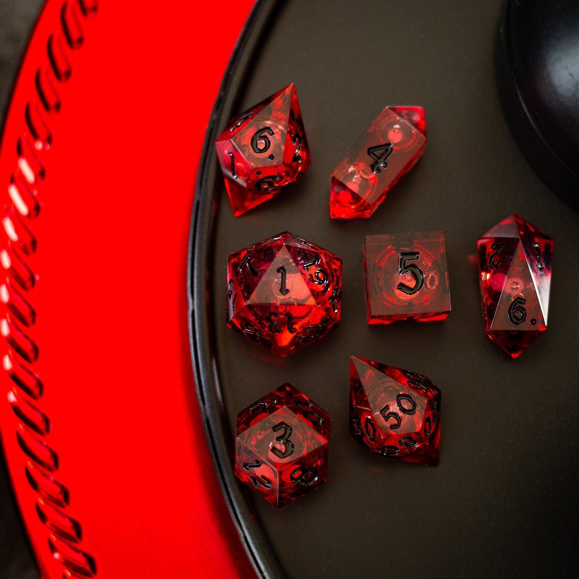 Blood Red Glitter Liquid Core Handmade Resin DND Dice Set - The misfit market