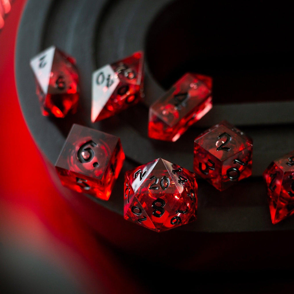Blood Red Glitter Liquid Core Handmade Resin DND Dice Set - The misfit market