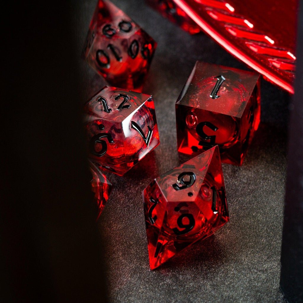 Blood Red Glitter Liquid Core Handmade Resin DND Dice Set - The misfit market