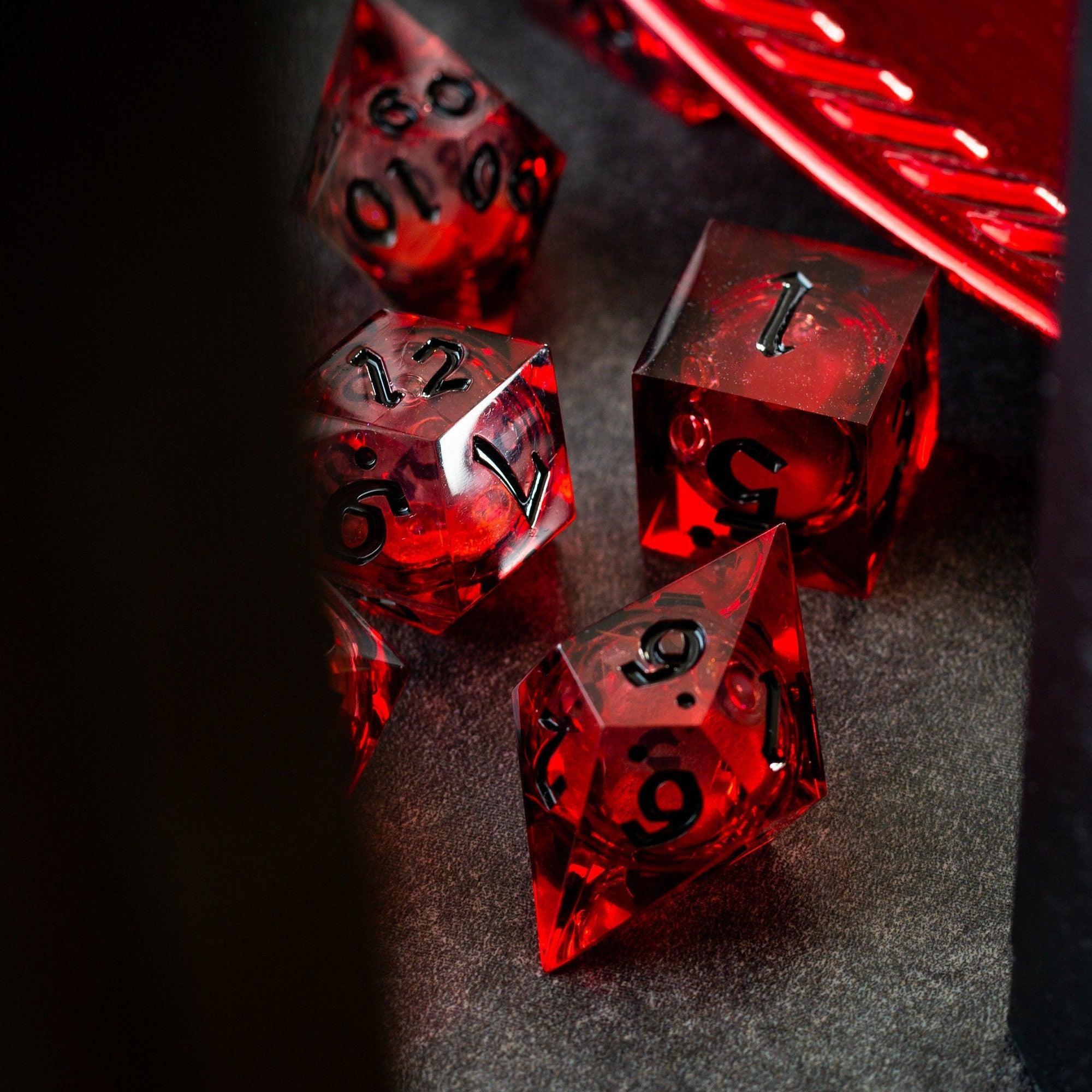 Blood Red Glitter Liquid Core Handmade Resin DND Dice Set - The misfit market