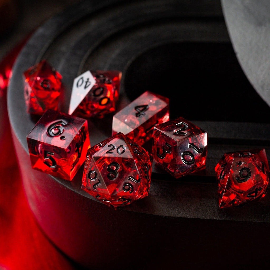 Blood Red Glitter Liquid Core Handmade Resin DND Dice Set - The misfit market