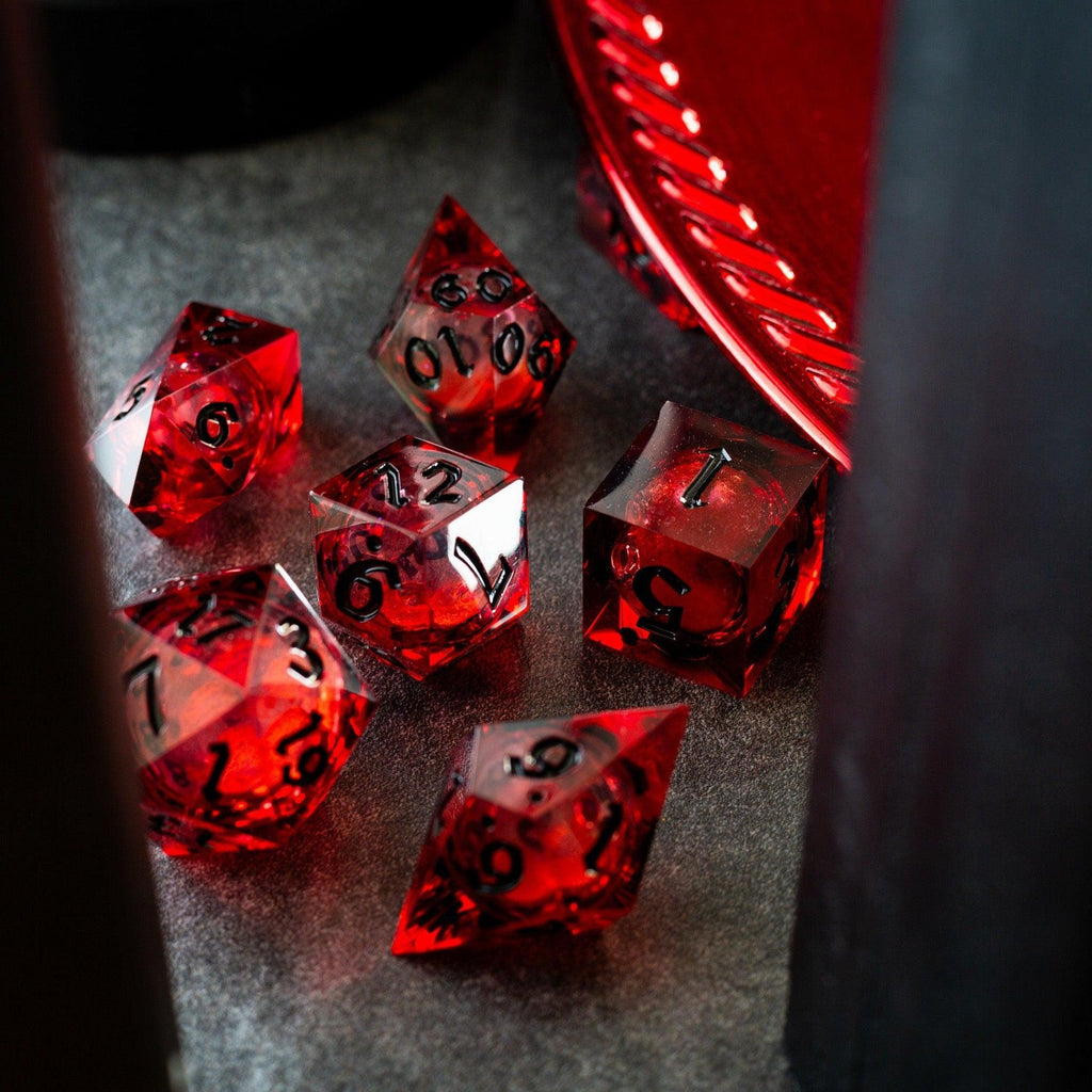 Blood Red Glitter Liquid Core Handmade Resin DND Dice Set - The misfit market