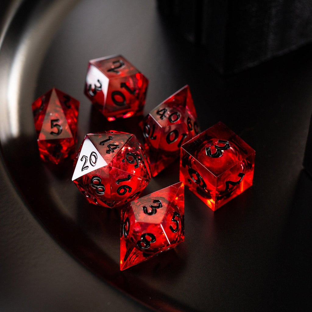 Blood Red Glitter Liquid Core Handmade Resin DND Dice Set - The misfit market