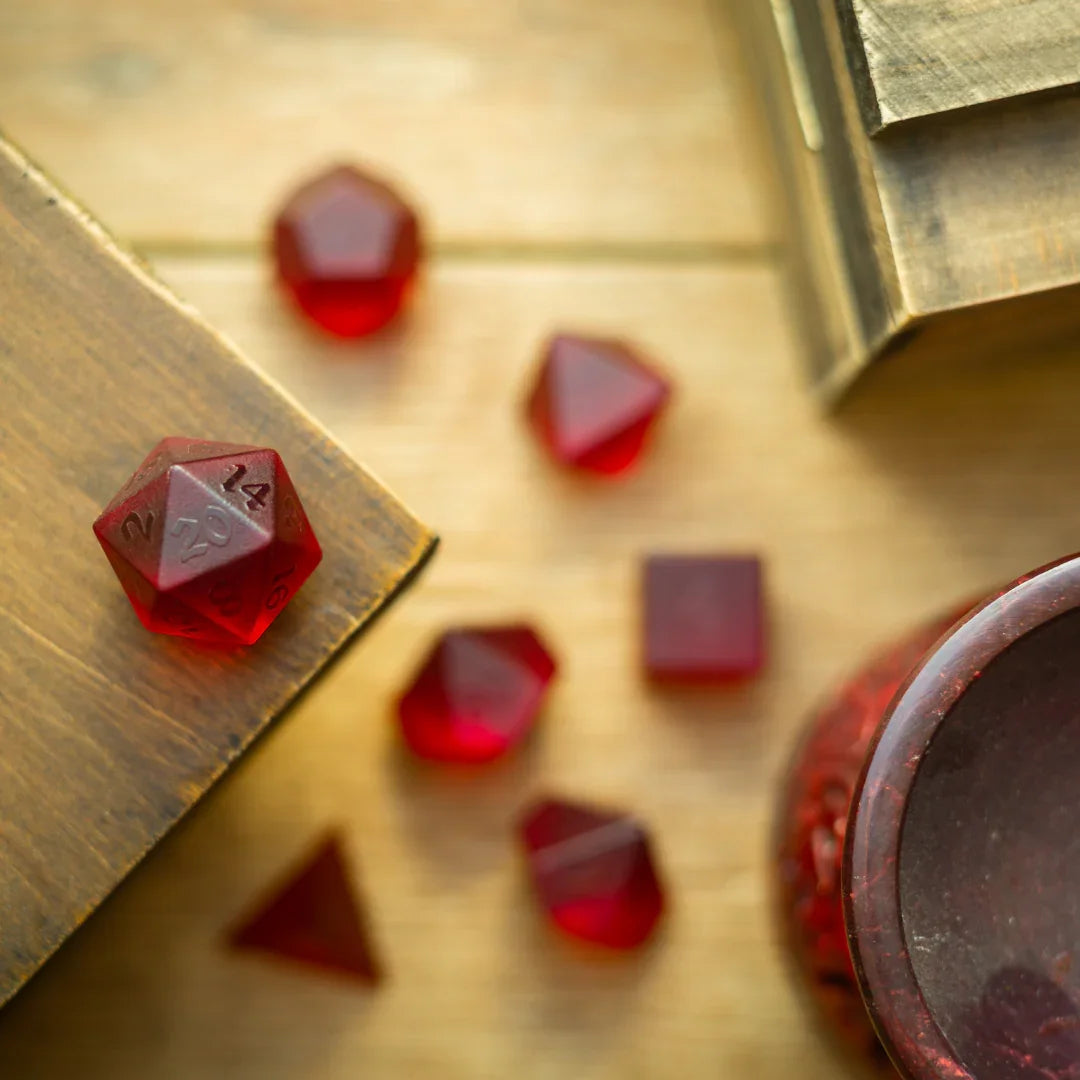 Blood Red Raised Zircon Glass Hand Carved DND Dice Set - The misfit market