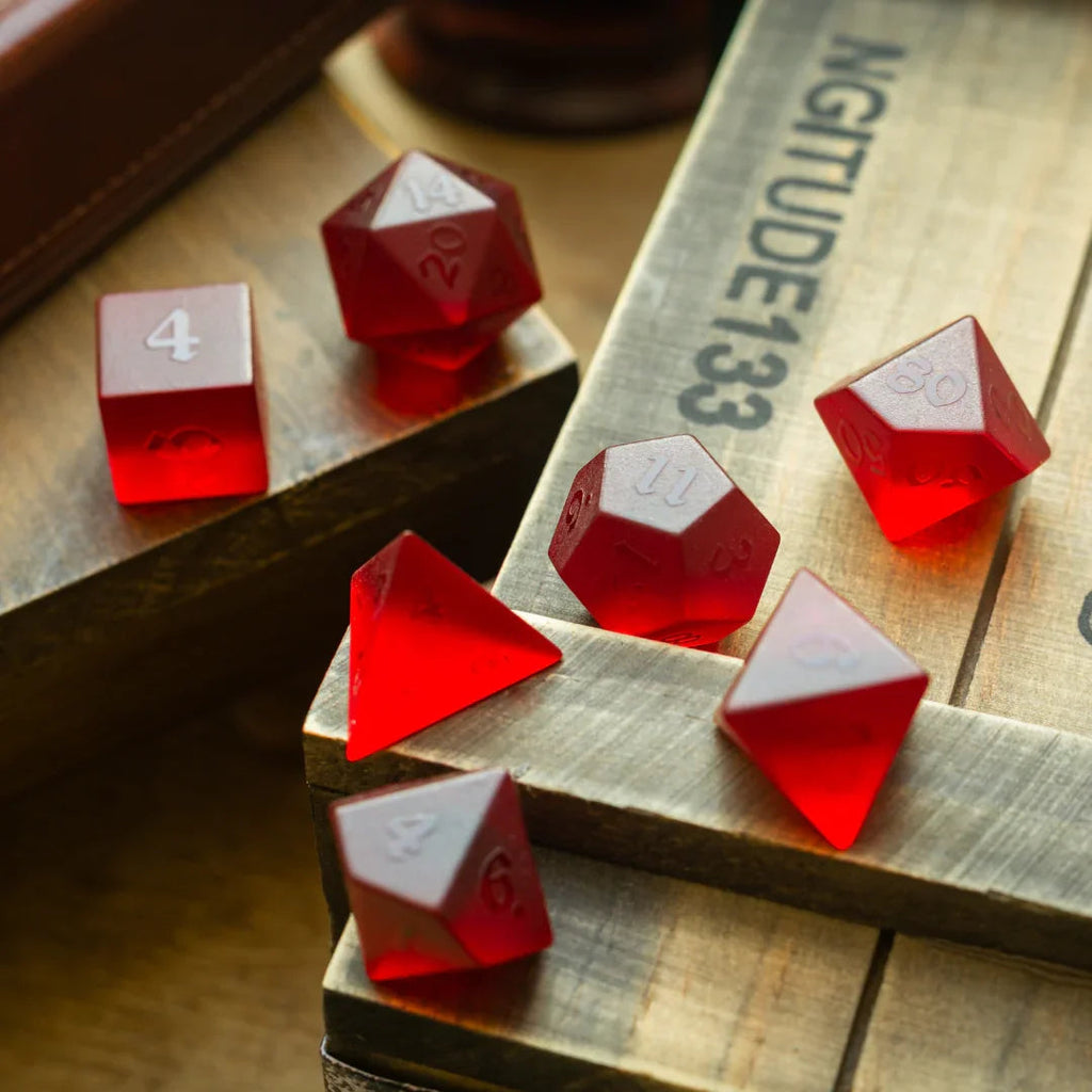 Blood Red Raised Zircon Glass Hand Carved DND Dice Set - The misfit market
