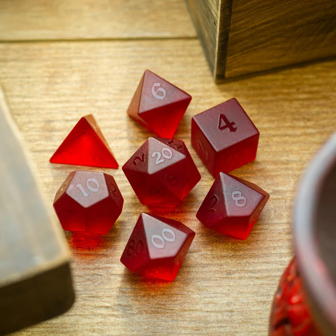 Blood Red Raised Zircon Glass Hand Carved DND Dice Set - The misfit market