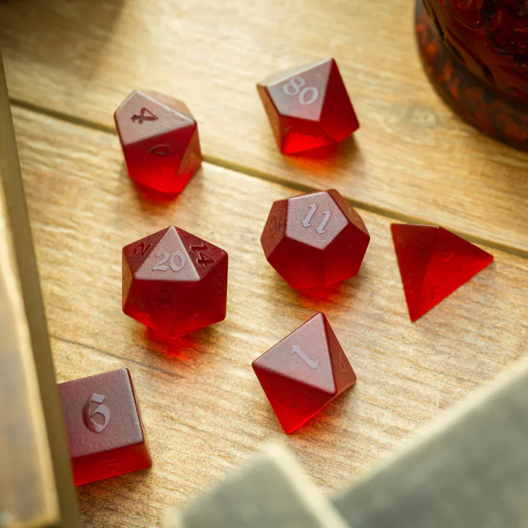 Blood Red Raised Zircon Glass Hand Carved DND Dice Set - The misfit market