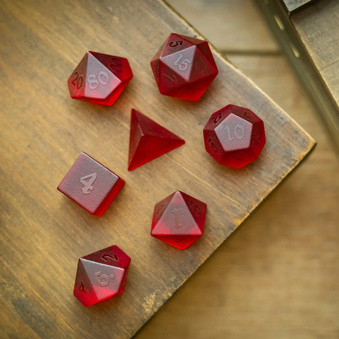 Blood Red Raised Zircon Glass Hand Carved DND Dice Set - The misfit market