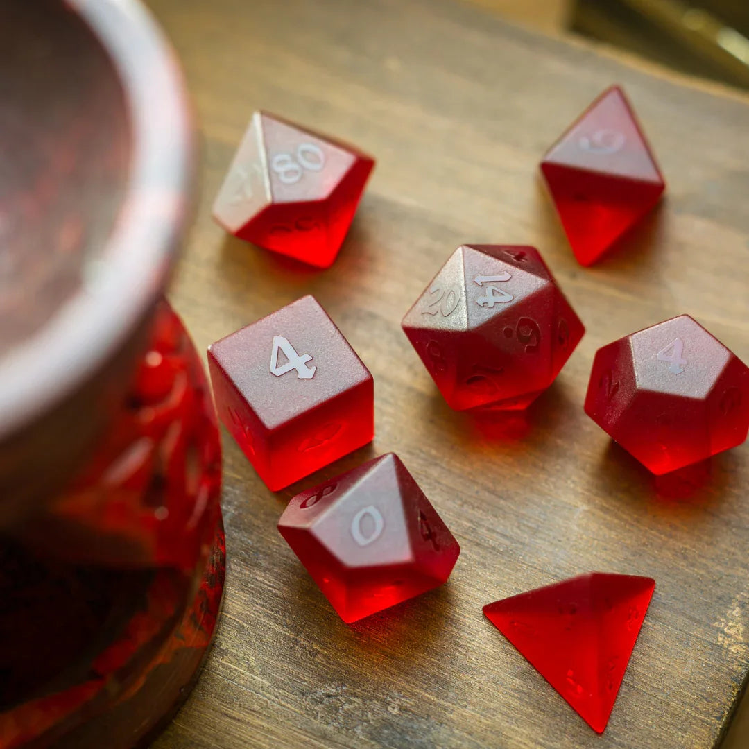 Blood Red Raised Zircon Glass Hand Carved DND Dice Set - The misfit market