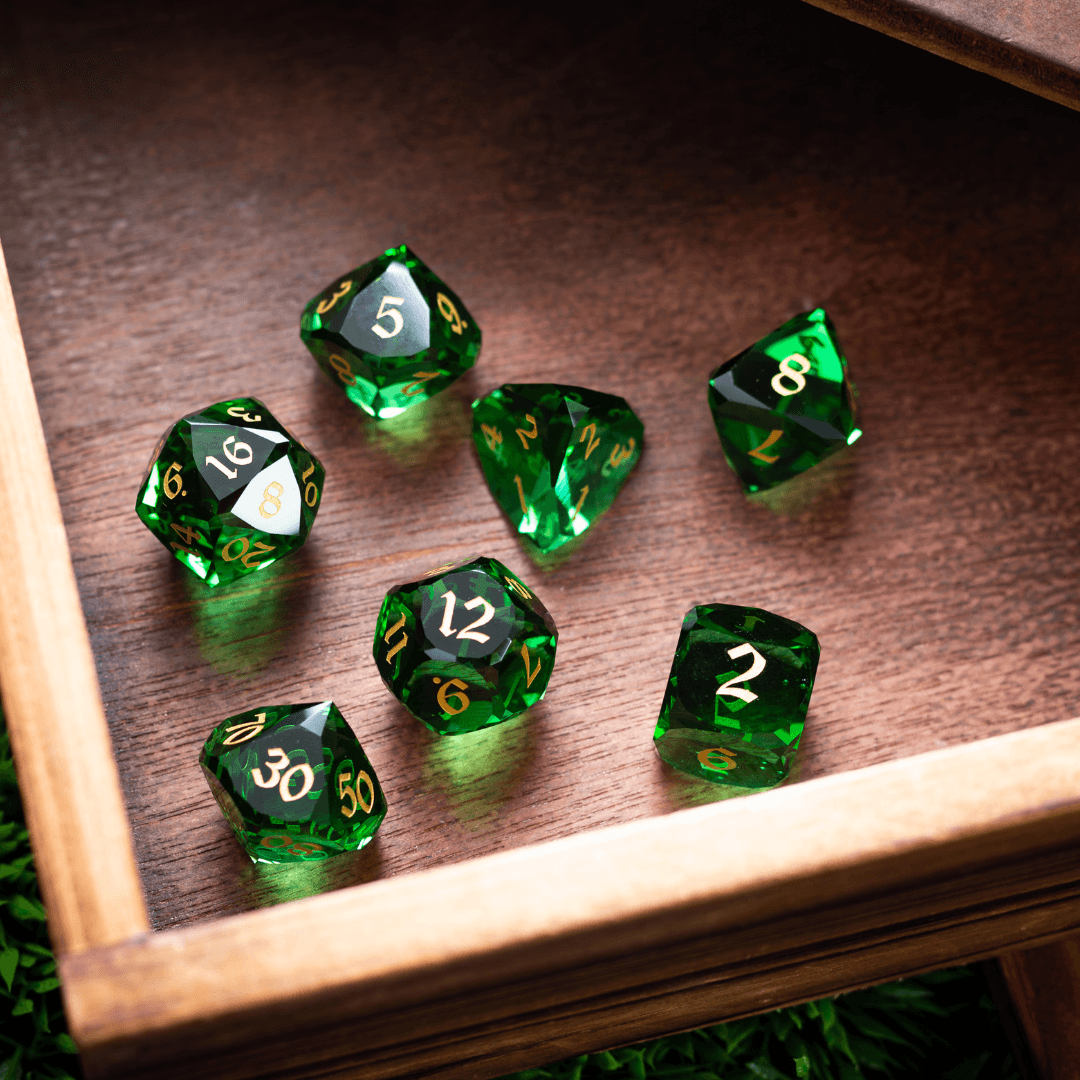 Dwarf Cut Green Gemstone Glass Premium DND Dice Set - The misfit market