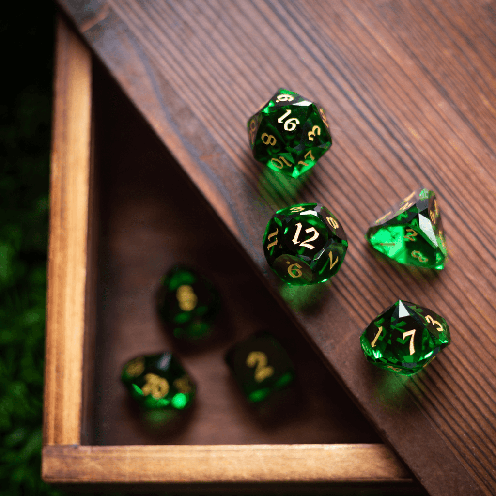 Dwarf Cut Green Gemstone Glass Premium DND Dice Set - The misfit market