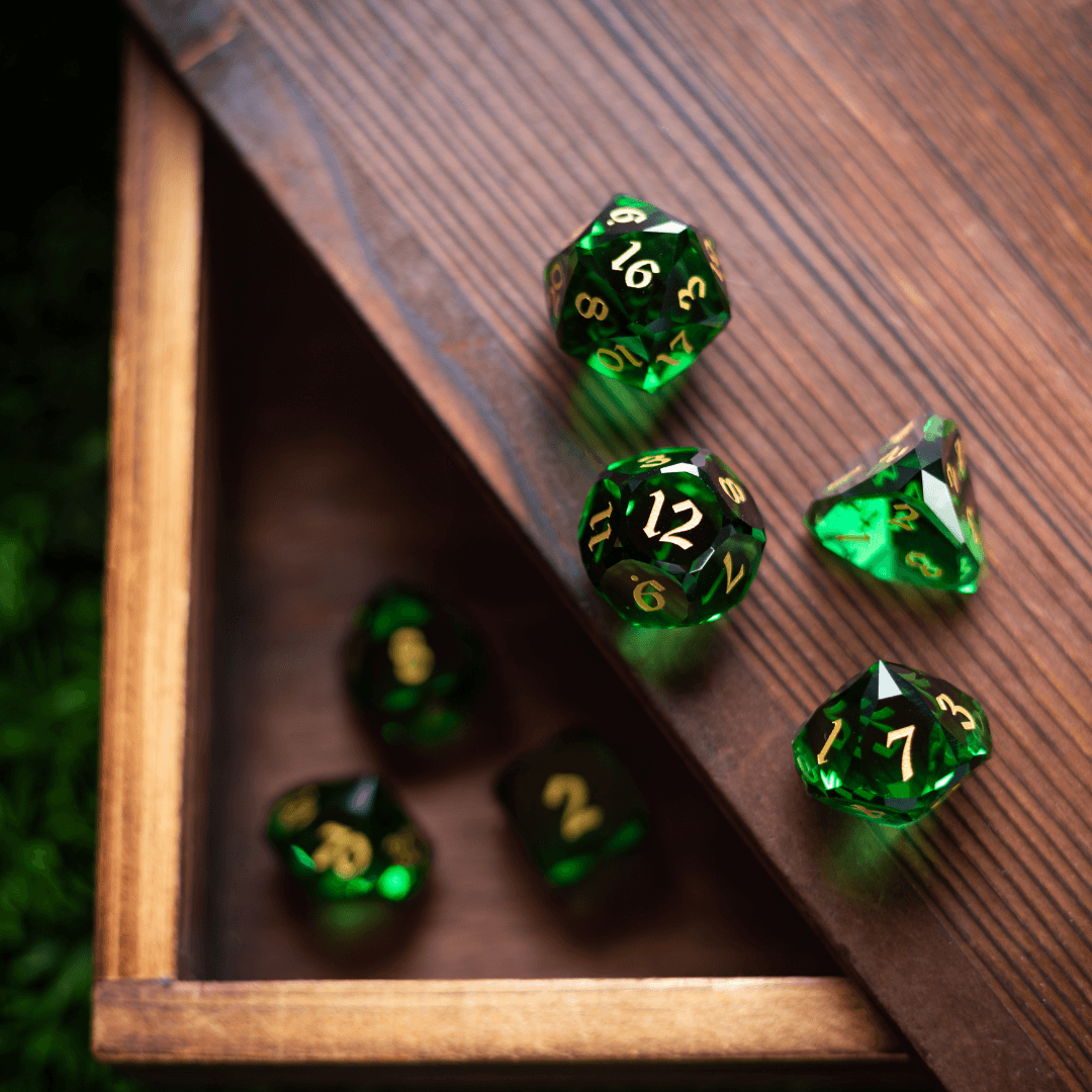Dwarf Cut Green Gemstone Glass Premium DND Dice Set - The misfit market