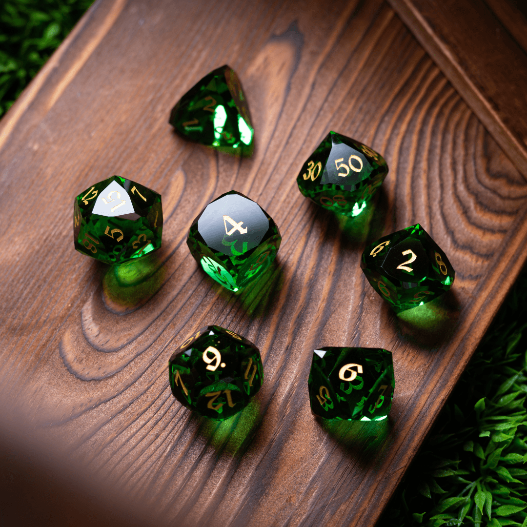 Dwarf Cut Green Gemstone Glass Premium DND Dice Set - The misfit market