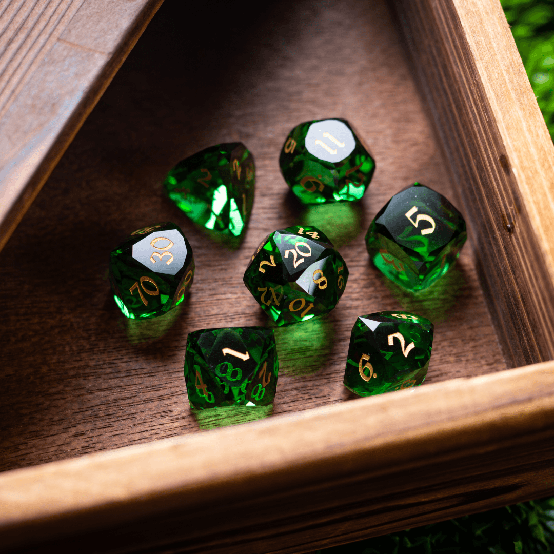 Dwarf Cut Green Gemstone Glass Premium DND Dice Set - The misfit market