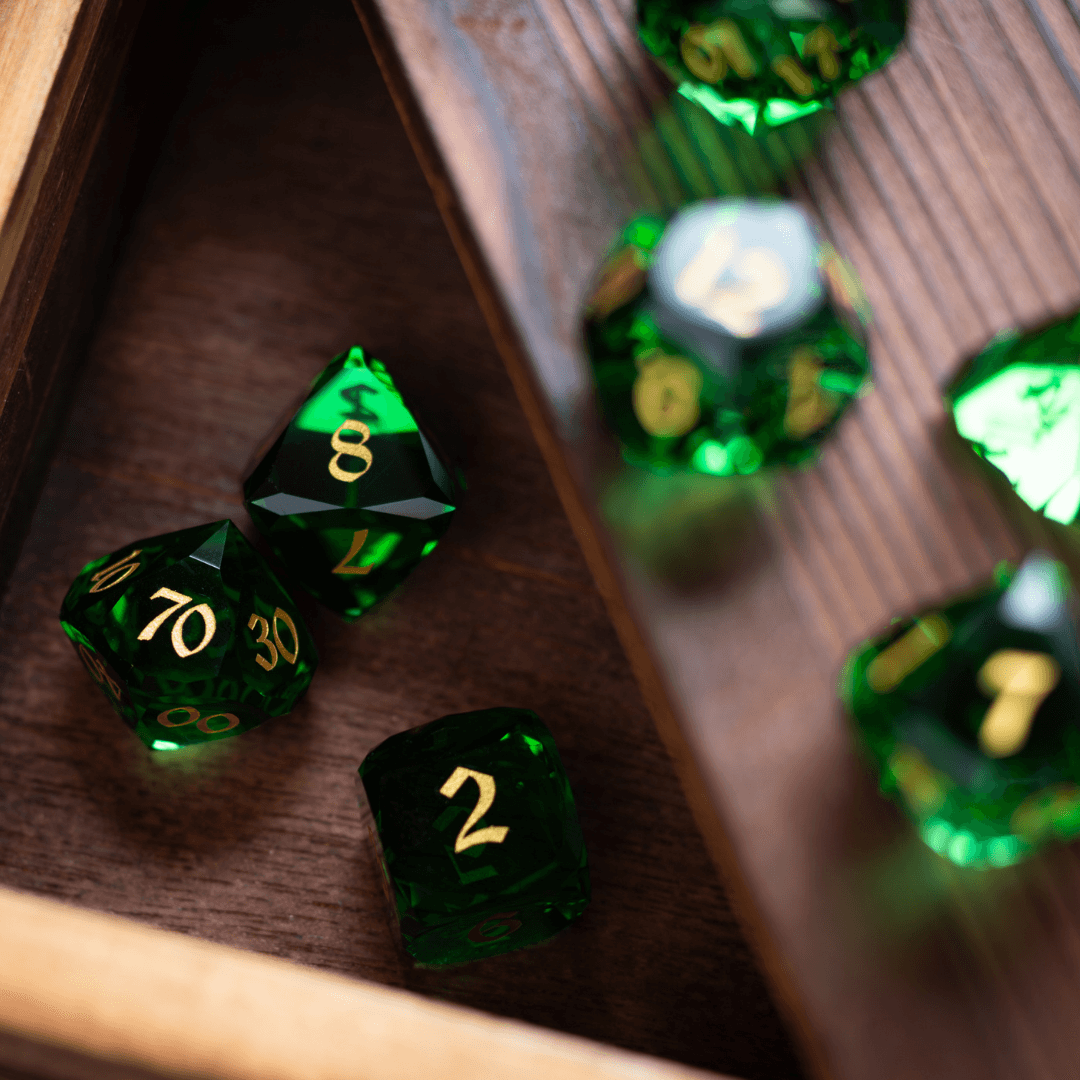 Dwarf Cut Green Gemstone Glass Premium DND Dice Set - The misfit market