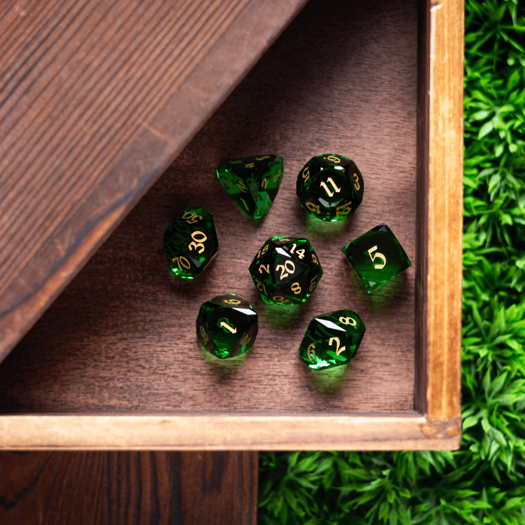 Dwarf Cut Green Gemstone Glass Premium DND Dice Set - The misfit market