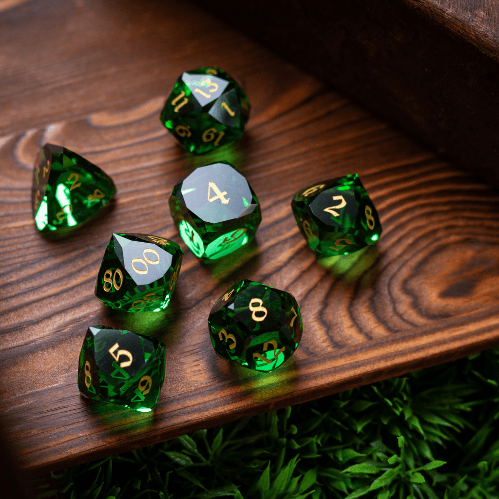 Dwarf Cut Green Gemstone Glass Premium DND Dice Set - The misfit market