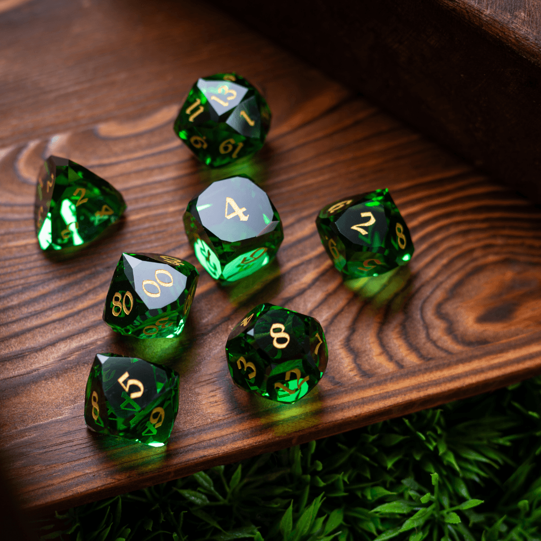 Dwarf Cut Green Gemstone Glass Premium DND Dice Set - The misfit market