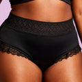 Black lace-trimmed underwear on a blurred background