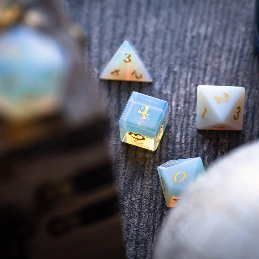 Gemstone Opalite (Gold Font) Hand Carved DND Dice Set - The misfit market