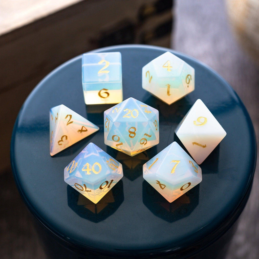 Gemstone Opalite (Gold Font) Hand Carved DND Dice Set - The misfit market