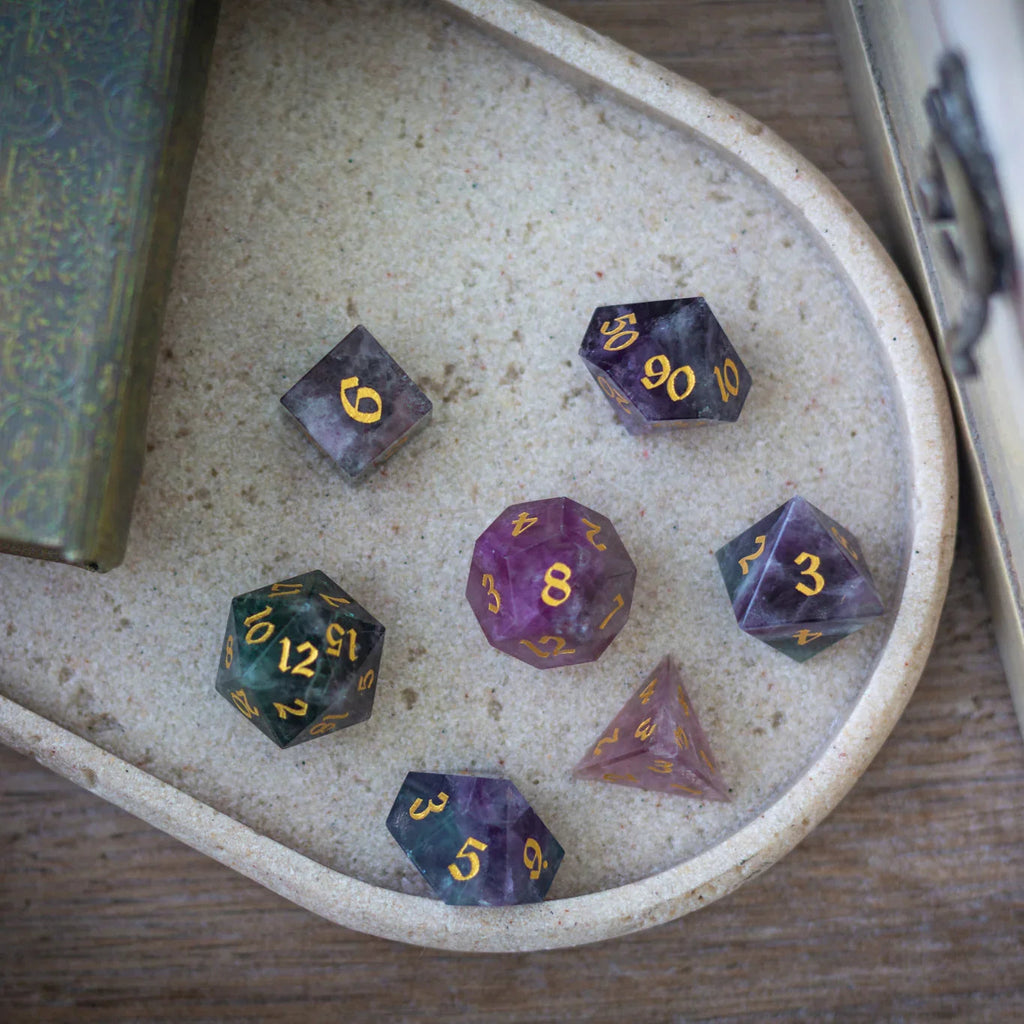 Gemstone Rainbow Fluorite Hand Carved DND Dice Set - The misfit market