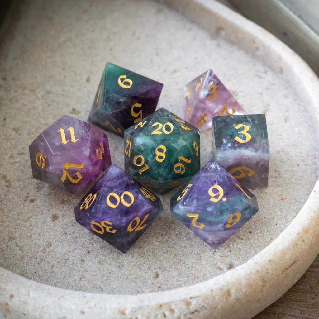 Gemstone Rainbow Fluorite Hand Carved DND Dice Set - The misfit market