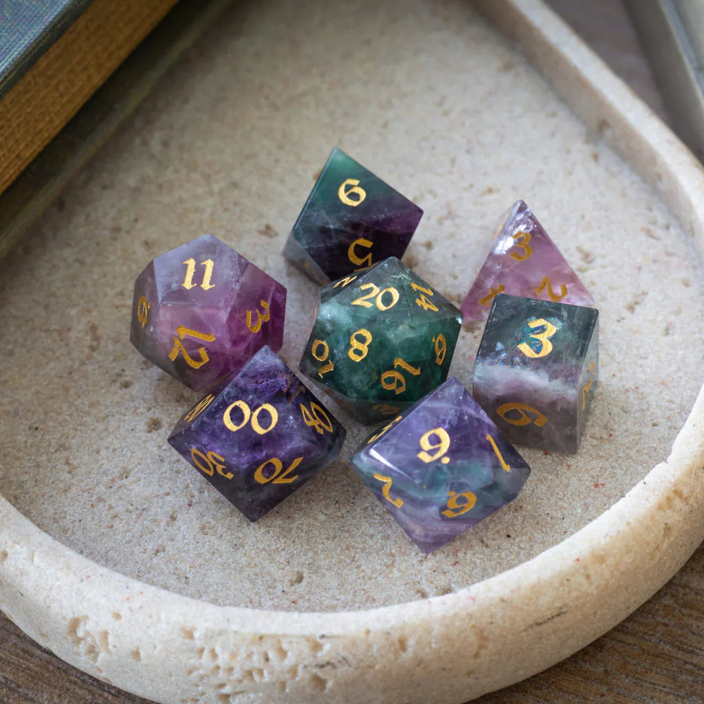 Gemstone Rainbow Fluorite Hand Carved DND Dice Set - The misfit market