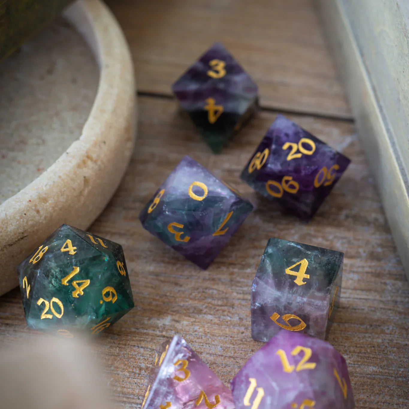 Gemstone Rainbow Fluorite Hand Carved DND Dice Set - The misfit market