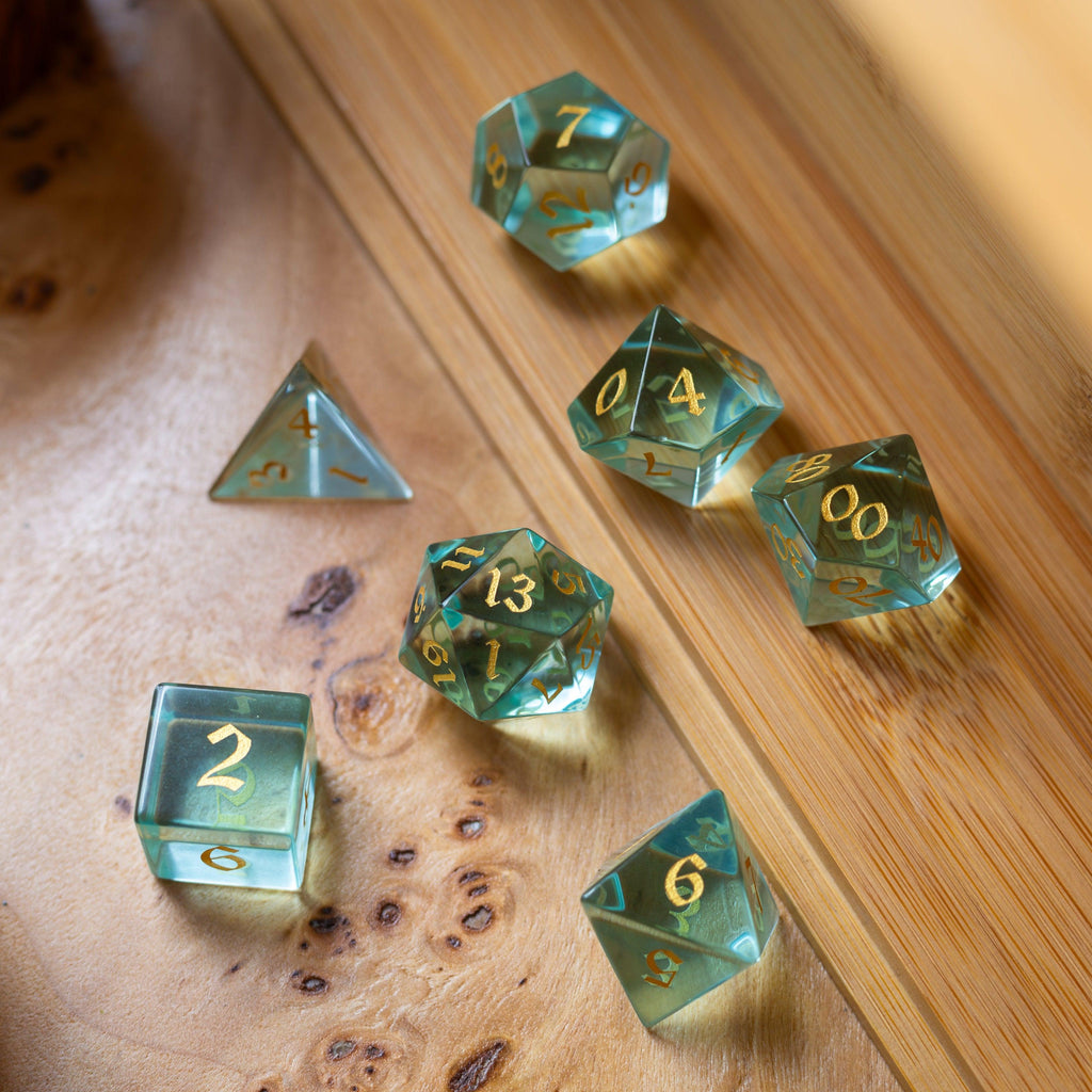 Green Water Glass Hand Carved DND Dice Set - The misfit market