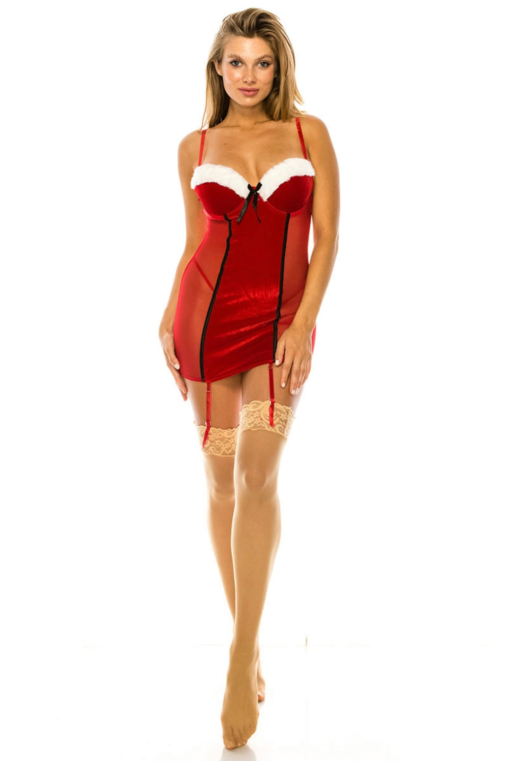 Woman wearing a red and white lingerie set with beige stockings on a white background