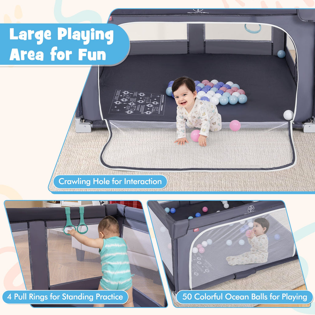 Large Baby Playpen Bpa-Free Foldable Toddlers Safety Fence Play Yard-Dark Grey