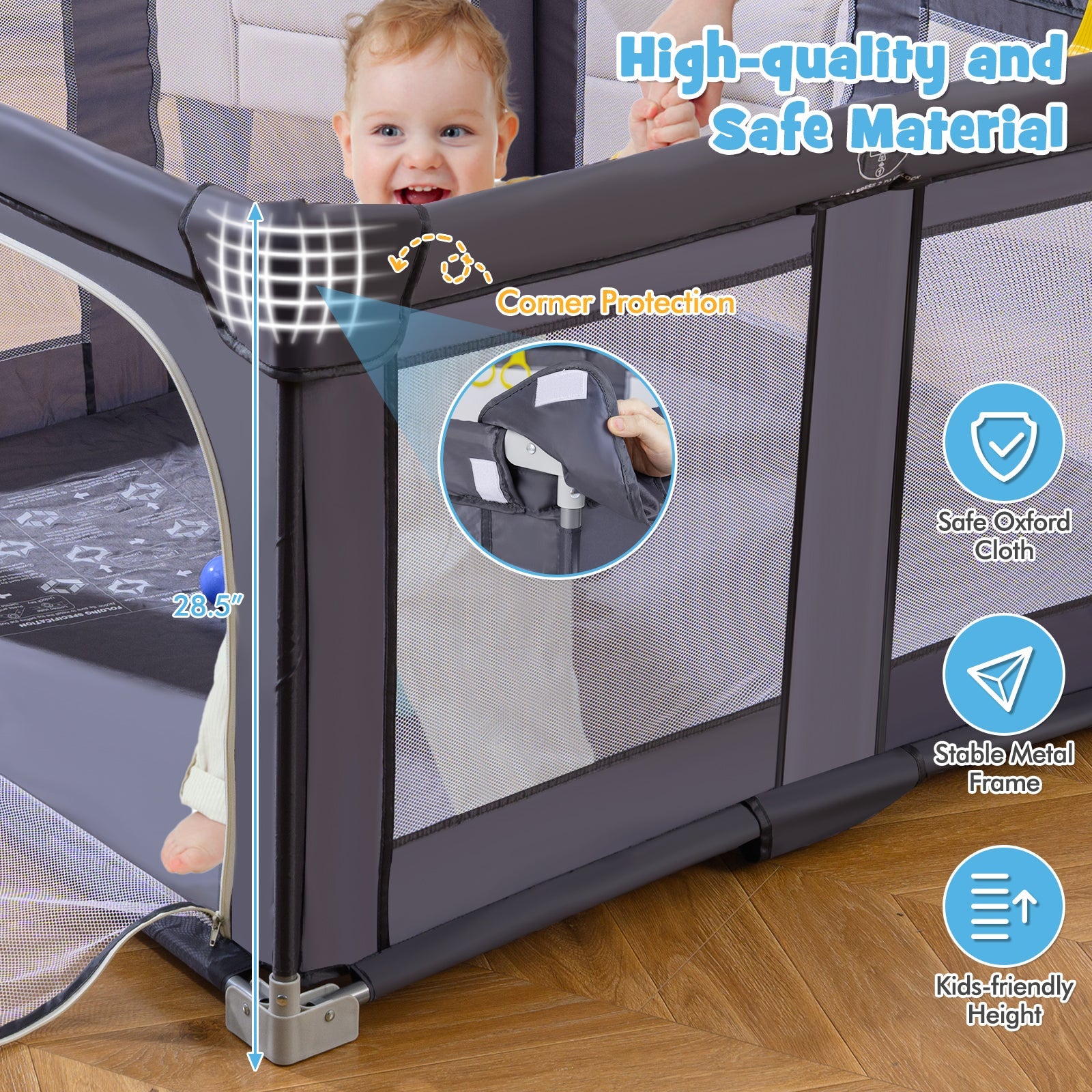 Large Baby Playpen Bpa-Free Foldable Toddlers Safety Fence Play Yard-Dark Grey