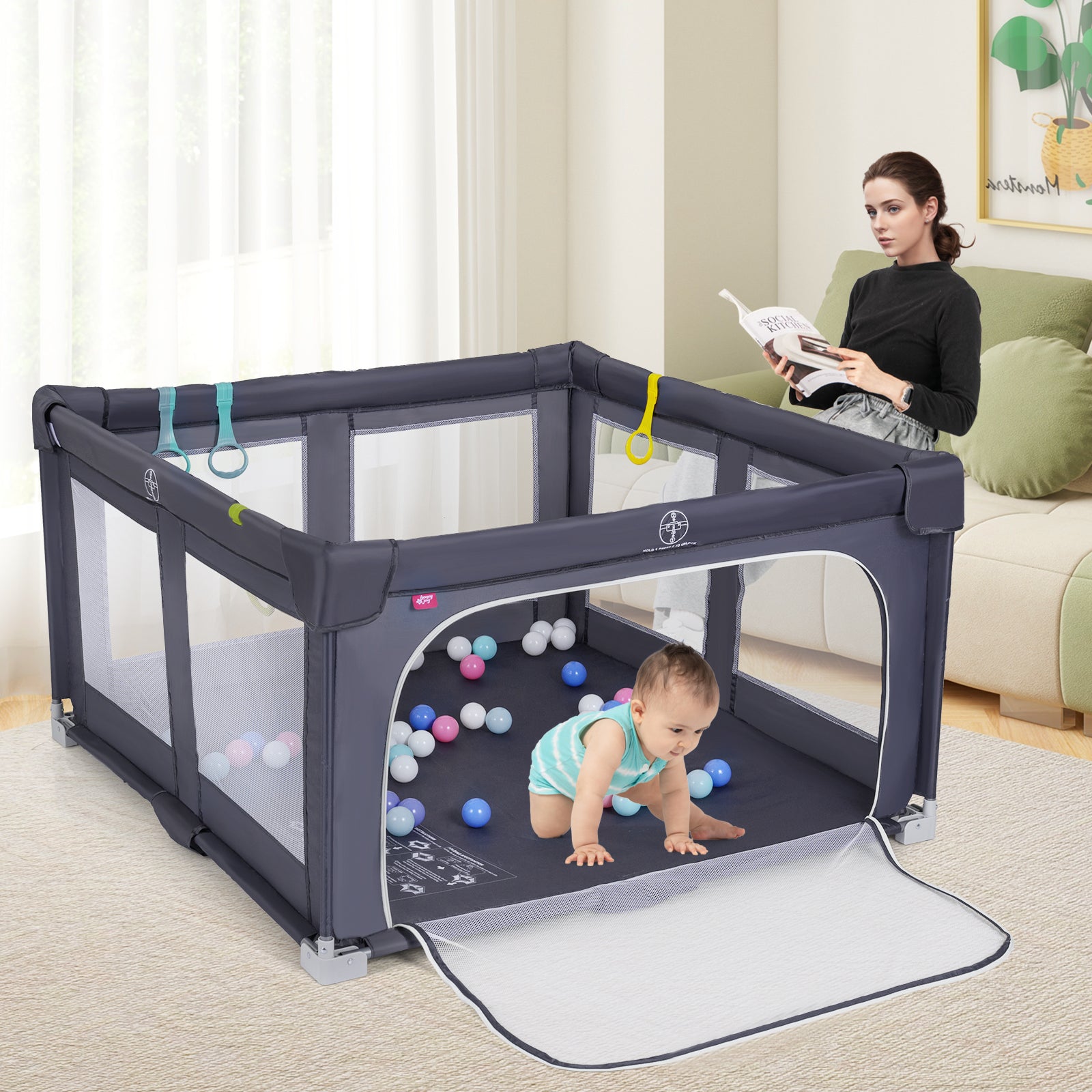 Large Baby Playpen Bpa-Free Foldable Toddlers Safety Fence Play Yard-Dark Grey