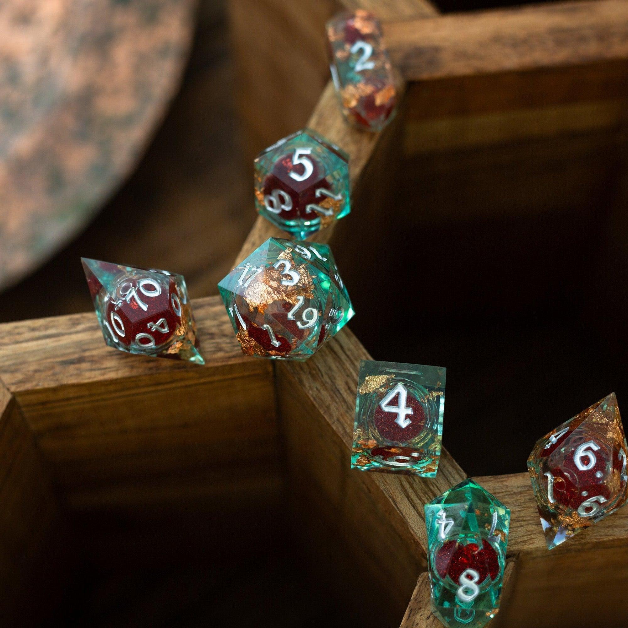 Red And Gold Glitter Liquid Core Handmade Resin DND Dice Set - The misfit market
