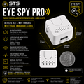 An infographic-style product listing image for the STS Collective Eye Spy Pro passive surveillance detector. The image shows the white rectangular device from multiple angles, a coin for scale, dimensions, feature callouts with icons, compatibility text, and a black background with yellow and white typography.