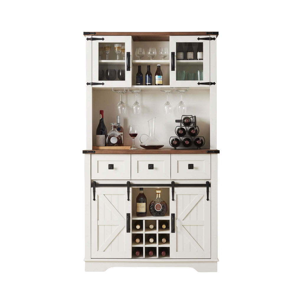 White bar cabinet with wooden top and wine storage on a white background