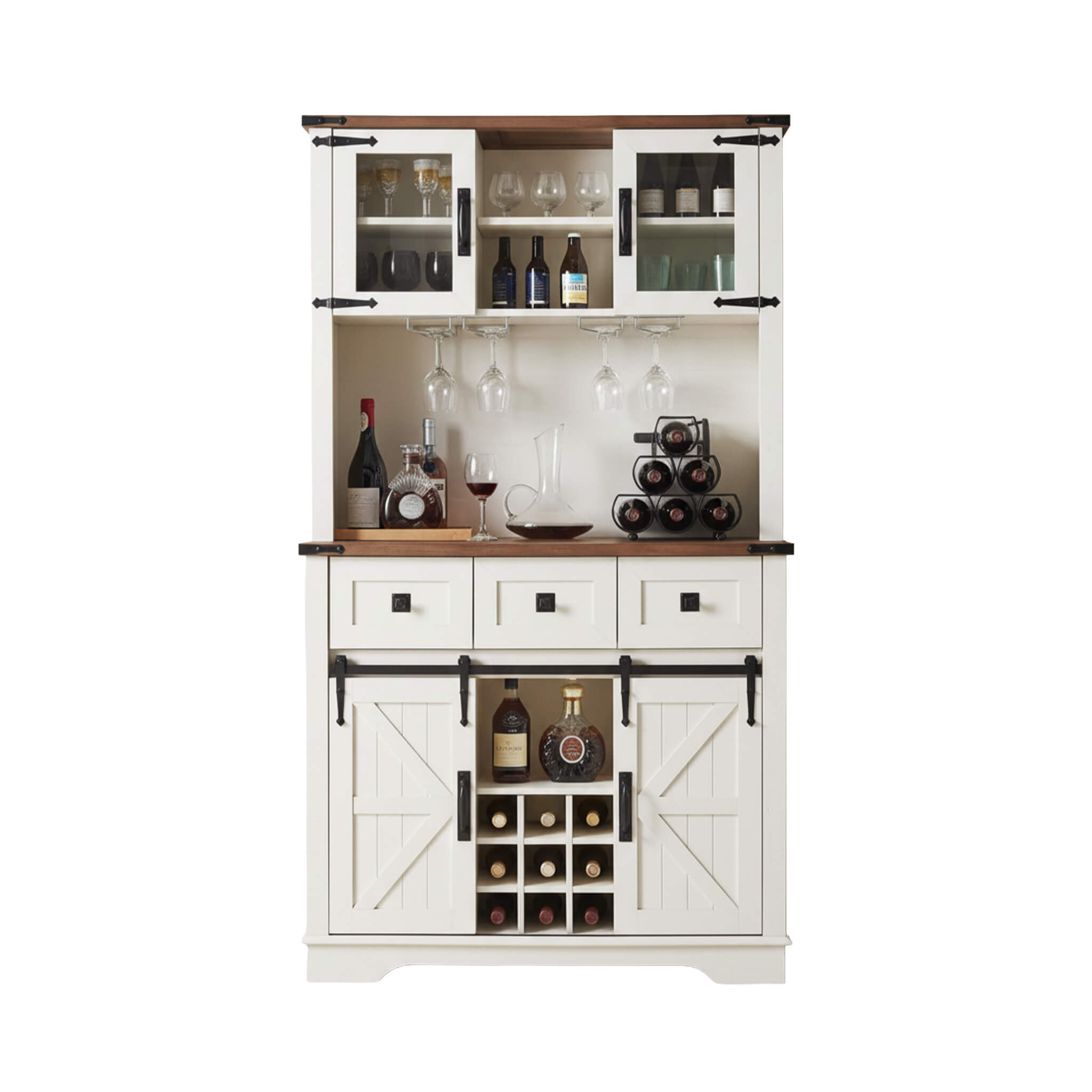 White bar cabinet with wooden top and wine storage on a white background